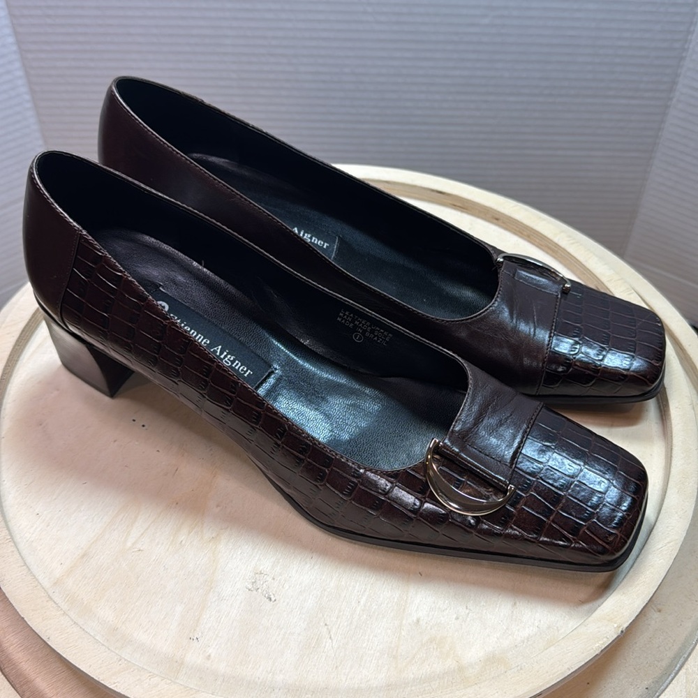 Etienne Aigner Manzol Croc Print Square Toe Pumps Size 9.5 - Picture 4 of 9